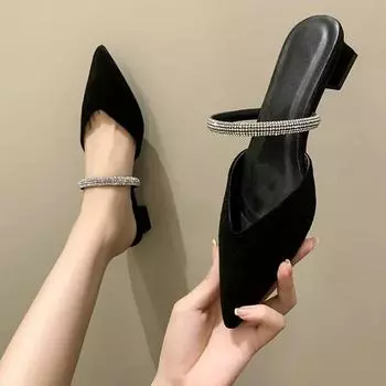 Модные женские тапочки со стразами на высоком каблуке с острым носком, новые летние туфли, женские модные тапочки, элегантные слипоны, милые туфли для вечеринок 34 абрикосовый
