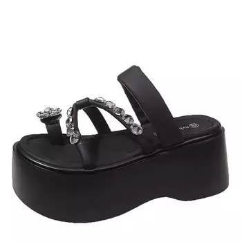 Модные женские тапочки со стразами на высоком каблуке 2024 года, летняя новая верхняя одежда, шлепанцы, босоножки на толстой подошве, увеличивающие рост 34 бежевый