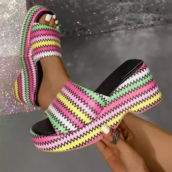 модные женские тапочки туфли на высоком каблуке туфли на платформе принт случайные босоножки на танкетке летние пляжные шлепанцы 2024 модные новые туфли на высоком каблуке женские шлепанцы 36 бежевый