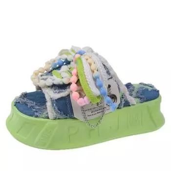 Модные женские тапочки в стиле панк с граффити высотой 5 см, толстые подошвы, рельефный холст, одна линия, женские модные кексы для внешней носки 35 зелёный