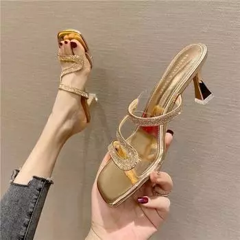 Модные женские тапочки Water Diamond, летние, новые, модные, на тонком каблуке, прозрачные, удобные, на высоком каблуке, размер плюс 42 35 золотой