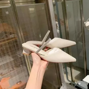 Модные женские тапочки, женские туфли, мюли с острым носком для женщин 2024, тапочки на тонком каблуке, мягкие бежевые шлепанцы на каблуке, модные, новые, комфортные 34 бежевый