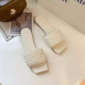 Модные женские темпераментные тапочки женские плетеные дизайнерские очаровательные открытые носки Set Foot 2024 пляжные плоские сандалии повседневные шлепанцы женская обувь 35