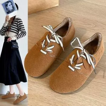 Модные женские теплые хлопковые туфли весна-осень, зимние ретро-туфли с круглым носком и шнуровкой, универсальные плоские туфли 35 хаки