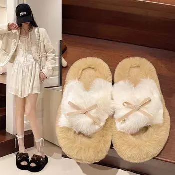 Модные женские теплые и пушистые домашние тапочки 2024 года, новые зимние меховые плоские удобные плюшевые домашние тапочки для дома, повседневные 35 бежевый