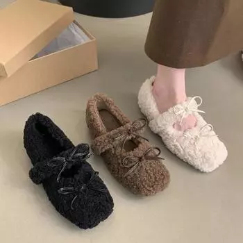 Модные женские теплые короткие туфли Мэри Джейн с плюшевой подкладкой, новые женские мокасины 2024 года, модные туфли на плоской подошве с двойным бантом и внутренним подъемом 35 коричневый
