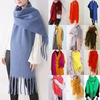 Модные женские теплые шарфы, длинные однотонные теплые шарфы с кисточками, длинные шарфы One Size золотой