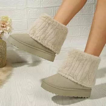 Модные женские теплые утепленные плюшевые зимние ботинки до середины икры с круглым носком, повседневные удобные женские зимние ботинки на толстой подошве 36