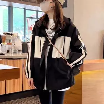 Модные женские толстовки с капюшоном на молнии, спортивная куртка для активного отдыха, корейский стиль, Harajuku, топ с капюшоном, длинный рукав, свободное пальто XXL чёрный