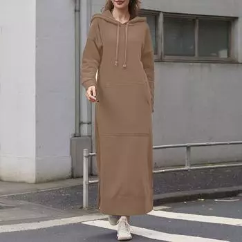 Модные женские толстовки с капюшоном, платья с длинным рукавом, осеннее однотонное платье-толстовка, зимнее повседневное платье-сарафан с капюшоном, халат Femme S чёрный