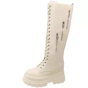 Модные женские толстые каблуки мотоциклетные длинные сапоги новые зимние 11 см массивные сапоги для верховой езды из искусственной кожи рыцарские сапоги женские на молнии до колена Botas 34 бежевый