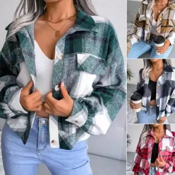 Модные женские толстые клетчатые рубашки, уличная рубашка, куртка, женская рубашка на пуговицах, куртка, пальто для повседневного шикарного топа, теплые топы XXL зелёный