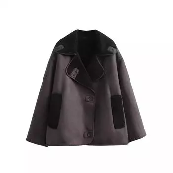 Модные женские толстые куртки из искусственной кожи для женщин 2024 года, зимние теплые шерстяные смеси, шикарные пальто с лацканами из искусственной кожи и плюша, новые в верхней одежде S коричневый