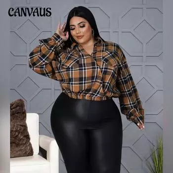 Модные женские топы больших размеров, клубная одежда, асимметричный топ с карманами на плечах из хлопковой ткани в клетку XL коричневый