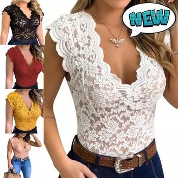 Модные женские топы больших размеров, летние топы без рукавов с глубоким v-образным вырезом, повседневные кружевные жилеты с короткими рукавами и цветочным принтом, рубашка размера плюс S белый