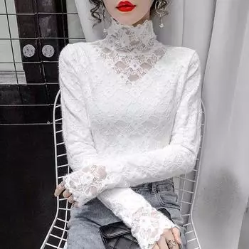 Модные женские топы больших размеров с высоким воротом и кружевом на бретельках, весна и осень, симпатичный однотонный топ-майка S белый