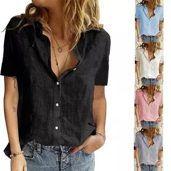 Модные женские топы больших размеров, женские рубашки, летняя рубашка на пуговицах, женские рубашки, хлопково-льняные рубашки с коротким рукавом, белый топ S белый