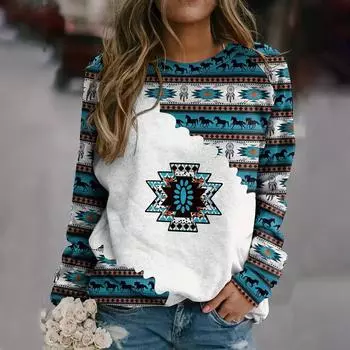 Модные женские топы с длинным рукавом, свободные повседневные блузки с принтом в виде лошади с круглым вырезом, осенне-зимние топы, женская одежда больших размеров S