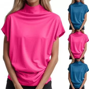 Модные женские топы с коротким рукавом и воротником-стойкой из полиэстера и хлопка, свободная футболка с коротким рукавом для женщин XL