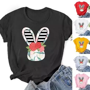 Модные женские топы с принтом пасхального кролика и короткими рукавами и круглым вырезом, новинка, графический топ S чёрный