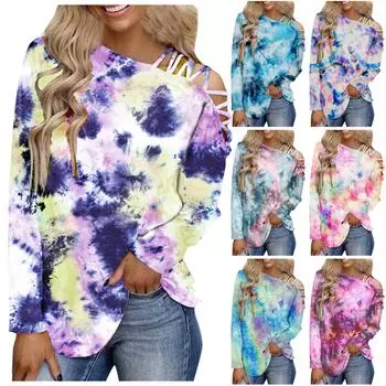 Модные женские топы с принтом тай-дай, свободная футболка с длинным рукавом, повседневная футболка без бретелек со шнуровкой XL розовый