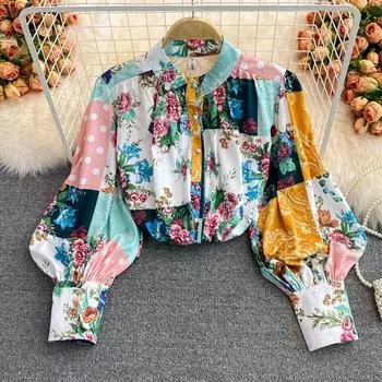 Модные женские топы с винтажным принтом и длинными рукавами, свободные прямые блузки, женские туники больших размеров S-XL, осень M небесно-голубой