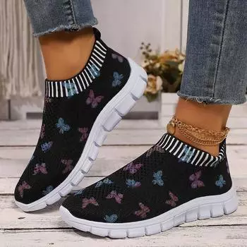 модные женские трикотажные повседневные кроссовки с принтом бабочек, мягкие кроссовки для бега, женские легкие дышащие кроссовки на плоской подошве 2024 36 чёрный