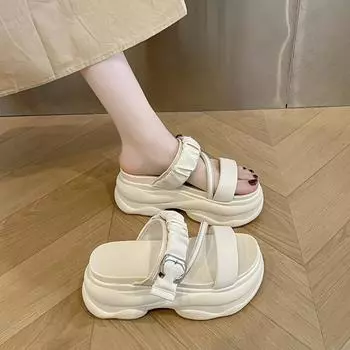 Модные женские туфли 2024 года на ультравысоких каблуках, модные женские босоножки на толстой подошве с эффектом бисквита, увеличивающие рост, для женщин небольшого роста 34 чёрный