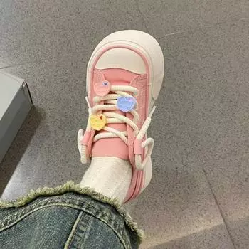 Модные женские туфли 2024 года, новые уродливые и милые, две пары в парусиновых туфлях, корейские туфли с круглой головкой и толстой подошвой, студенческие туфли OffWhite на шнуровке 35 бежевый