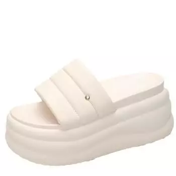 Модные женские туфли 9 см 2024 года, высококачественные тапочки из ПУ на толстой подошве, модные пляжные тапочки для улицы, однотонные женские тапочки на плоском каблуке 34 бежевый