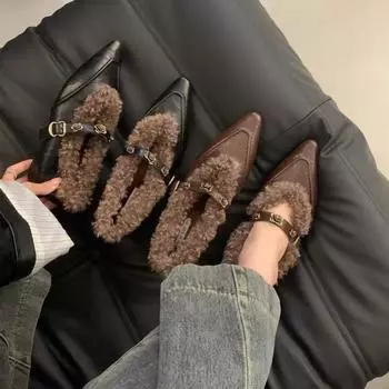 Модные женские туфли AJGS с острым носком и мехом, с увеличенной высотой, туфли-лодочки для женщин, трендовый бренд, туфли из хлопка Mary Jane, новые женские сапоги 35 коричневый