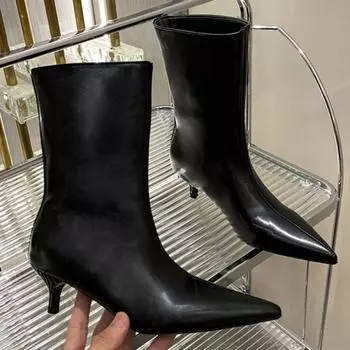 модные женские туфли челси на высоком каблуке ботильоны с острым носком туфли 2025 года зимняя тенденция новые кожаные туфли для мотоциклистов модные туфли-лодочки Botas Mujer 35 чёрный