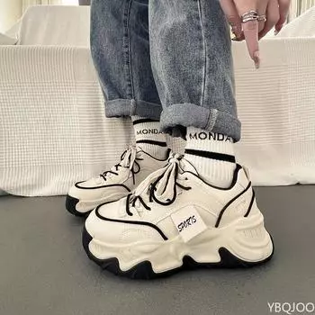 Модные женские туфли Dad Shoes с толстой подошвой и цветными блоками, весна-осень, новые универсальные повседневные спортивные туфли, увеличивающие рост, кроссовки 35 чёрный