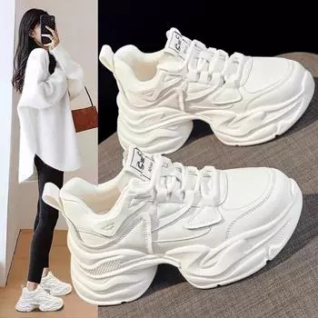 Модные женские туфли Daddy Shoes на толстой подошве 2024 года, новые весенние туфли небольшого роста, спортивные белые туфли на мягкой подошве, повседневные туфли на платформе для женщин 35 бежевый