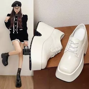 модные женские туфли дерби осенняя женская обувь повседневные кроссовки на платформе с круглым носком британский стиль кожа осень новые кроссовки 35 бежевый