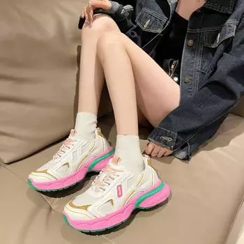 Модные женские туфли для папы 2024 года, осенние цветные сетчатые дышащие одинарные туфли, повседневная спортивная обувь на толстой подошве, Plataforma Mujer Traf 35 чёрный