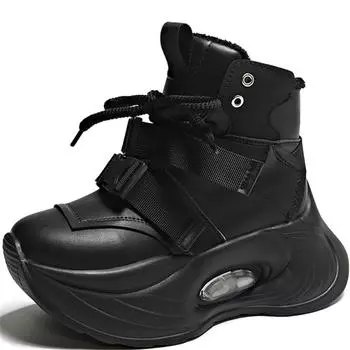 Модные женские туфли для папы с толстой подошвой 8 см, осень-зима 2024 года, новый стиль, теплая бархатная повседневная спортивная обувь с высоким берцем 34 чёрный