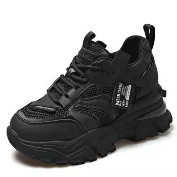 Модные женские туфли для папы высотой 7 см, новинка 2024 года, на толстой подошве, с внутренней стороны, универсальные повседневные спортивные туфли, женские кроссовки, бесплатная доставка 35 чёрный