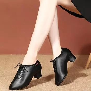 Модные женские туфли для танцев джаз-танго на шнуровке, средний каблук, удобная обувь для учителей высотой 4,5 см 34 чёрный