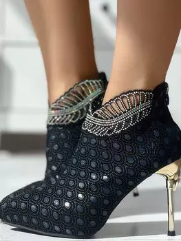 Модные женские туфли для вечеринок с острым носком, высокие каблуки, ботильоны со стразами и графическим декором, на шпильке, на каблуке-шпильке, элегантные туфли Zapatos De Tacon Mujer 34 чёрный