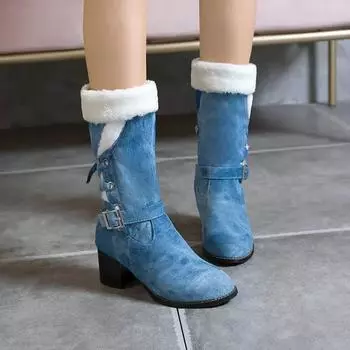 Модные женские туфли до середины голени на каблуках 6 см, удобные женские ботинки высшего качества, теплые зимние ботинки с толстым мехом 34