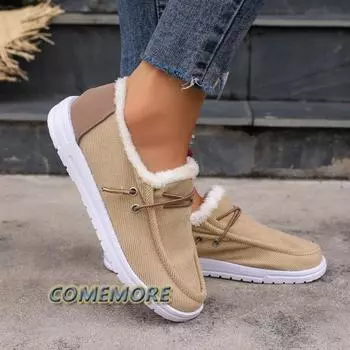 Модные женские туфли из хлопка большого размера 36-43 2024 года, осень-зима, новые, с круглым носком, на шнуровке, с теплым повседневным носком, женские туфли на плоской подошве, мокасины 36