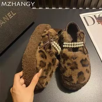 Модные женские туфли из хлопка с меховым леопардовым принтом, туфли на плоской подошве и бисером на платформе, женские 2025, трендовые зимние повседневные теплые платья с бантом, удобные зимние сапоги Mujer 35 хаки