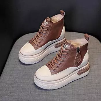 Модные женские туфли из кожи, ботинки на платформе 8 см, танкетка, скрытый каблук, молния, весна-осень, теплая меховая зимняя обувь, кроссовки 2024 35 чёрный