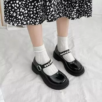 Модные женские туфли из кожи на толстой подошве 2024 года, весна, новые женские туфли Мэри Джейн на плоской подошве с бусинами, осень, модные и универсальные 35 бежевый