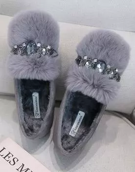 Модные женские туфли из кроличьей шерсти, большие размеры, зимние мокасины из плюша и хлопка со стразами, плоские каблуки, криперы с кристаллами, новые женские мокасины 5 серый