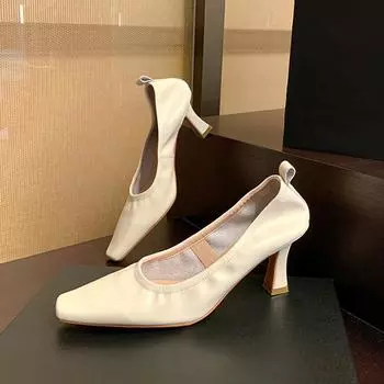 Модные женские туфли из мягкой овчины на высоком каблуке, весна-лето, офисные женские туфли с острым носком на тонком каблуке, мягкие туфли из натуральной кожи для женщин, размеры 34-39 34 серебряный