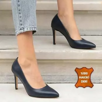 Модные женские туфли из натуральной кожи темно-синего цвета на шпильке