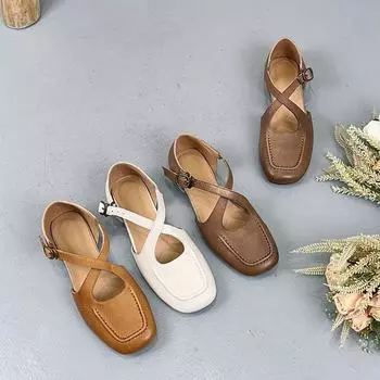 Модные женские туфли из натуральной кожи в стиле ретро с диагональной пряжкой на плоской подошве для весны и лета, мягкие сандалии для пожилых людей 35