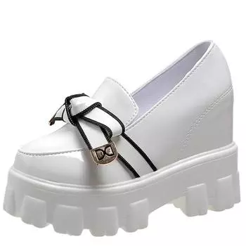 Модные женские туфли из вулканизированной кожи, кроссовки на платформе, каблук-танкетка 10 см, бант, женская повседневная обувь 2024 года, весна-лето, массивные кожаные туфли 34 чёрный